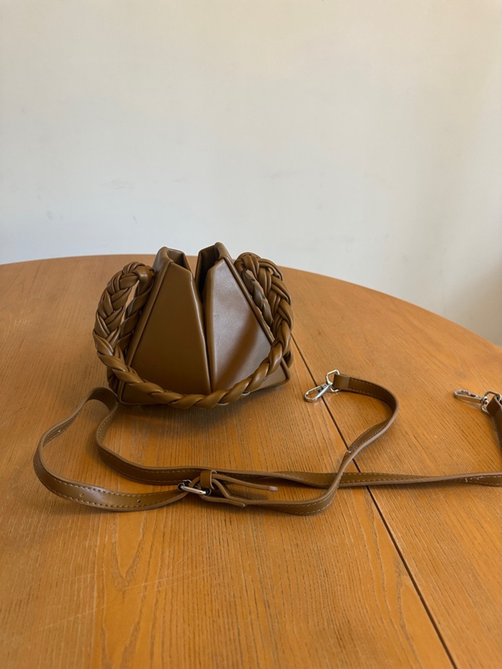 Adjustable Brown Purse, Braided handle, removable crossbody strap
